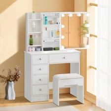 Dressing Table and Stool Set Mirror Sliding Cabinet 5 Drawers 6 Shelves+Bulbs