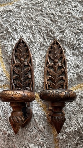 Pair brown carved wooden wall - wooden,
