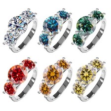 5CT Round Cut Colourful Moissanite Three-Stone Engagement Ring Solid 925 Silver