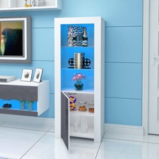 Tall Display Cabinet with High Gloss Grey Door and LED Light Wooden Bookshelf UK