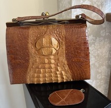 Vintage Leather Crocodile Skin Hand Bag 1940s 50s With Mirror And Coin Purse