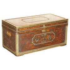 STUNNING RESTORED ANTIQUE 1693 DATED HAND STUDDED BROWN LEATHER STEAMER TRUNK