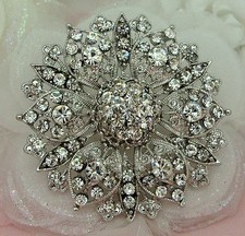 2.25" LARGE CLEAR RHINESTONE CRYSTAL FLOWER VINTAGE LOOK BROOCH