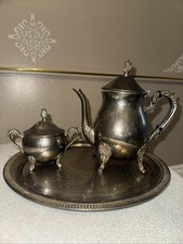 Vintage Silver-Plated Tea Set Teapot, Sugar Bowl Ornate S Tray ,Antique Style