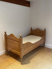 Antique Pine Sleigh Single Bed With Custom Mattress 