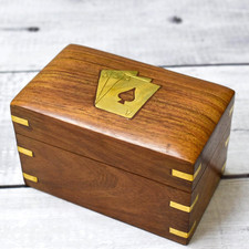Wooden Playing Card Box Handcrafted Double-Deck Holder with Brass Ace Inlay, Inc