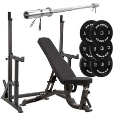 GYM MASTER GM2 Adjustable Squat Rack Set with Bench, Barbell and Bumper Plates