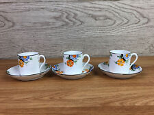 Set Of 3 Demitasse Cups & Saucers White Blck Edging Orange & Blue Floral Design