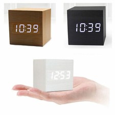 USB Cube Square Digital LED Alarm Clock Wooden Calendar Thermometer Home Decor
