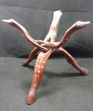 Snake Head Hand Carved Wooden Tripod Bowl Holder. Inlayed And Collapsible. R1