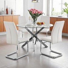 4 Seater 100cm Round Glass Dining & Kitchen Table & 4 Padded Faux Leather Chairs