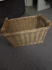 medium vintage rectangular wicker storage basket wooden handles