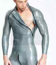 Mens grey Latex Catsuit Chest and crotch Zip Rubber Bodysuit Cosplay Fetish BDSM
