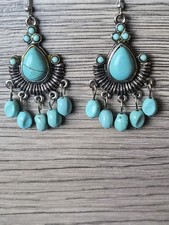 Vintage Silver Tone Faux Turquoise Stone Dangle Drop Earrings Bohemian Style