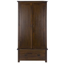 Boston Dark Solid Pine 2 Door Wardrobe with Storage Drawer and Metal Fittings