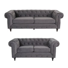 Chesterfield 3 and 2 Seater Sofa Plush Grey Fabric (3+2 Seater Couch,suite)