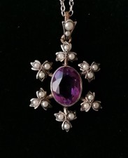 Antique Seed Pearl Pendant Necklace Amethyst Paste 