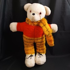 Vintage White Teddy Bear Amber Eyes Rupert Bear? Check Legs + Scarf Soft Toy 19"