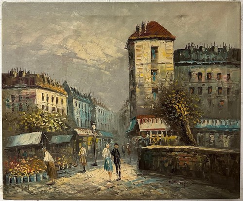 Vintage paris street scene oil - scene,
