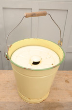 Vintage Large Cream Enamel Bucket / Pail  Wooden Handle Garden Planter