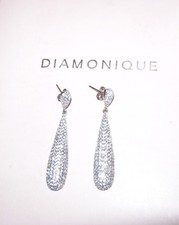 DIAMONIQUE 4CM LONG DROP PIERCED DANGLY EARRINGS STERLING SILVER *CHRISTMAS* QVC