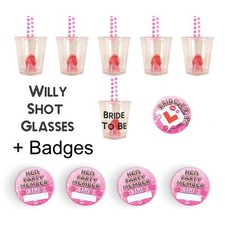 HEN NIGHT PARTY WILLY SHOT GLASS GLASSES BRIDE TO BE BADGE & HEN BADGES BULK