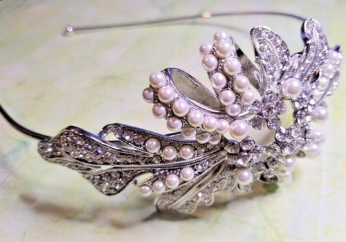 Silver pearl crystal hairband - pearl,