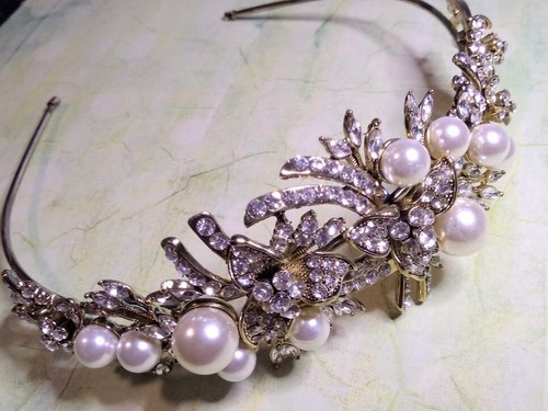 Gold pearl crystal hairband - gold,