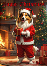 ROUGH COLLIE CHRISTMAS CARD WITH A ROUGH COLLIE DOG IN A XMAS SANTA SUIT & HAT