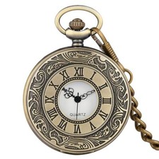 Half Hunter Quartz Pocket Watch Bronze/Silver/Black/Gold Roman Numerals Display