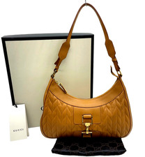 Auth Gucci Logo Hardware Leather Brown Handbag W/Dustbag/Box NS090668
