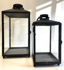 Set of 2 Lantern Candle Holders Metal & Glass Black Indoor/Outdoor Garden Patio