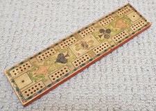 Antique Vintage Wooden Cribbage Board with Card Suit Symbols Marker