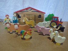 Vintage Wooden Farm House With Figures Animals & Tractor