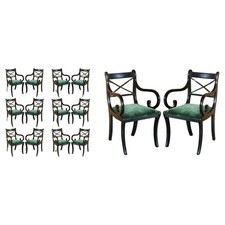 FOURTEEN VINTAGE ENGLISH REGENCY EBONISED SABRE LEG GREEN VELVET DINING CHAIRS