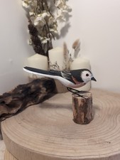 Long Tailed Tit Hand Carved Painted Bird Wood Log Tree Stump Wooden Figure