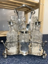 Vintage Victorian Quality Silver Plated Cruet Set with Cut Glass Bottles Spoon