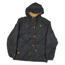 KANGOL Mens Black Quilted Jacket L Polyester Blend Hooded Zip Fastening