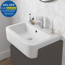 Bathroom 600mm Wash Basin Sink White Gloss Modern Curved Semi-Recessed 1TH