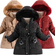 Thick Warm Winter Girls Jacket Hat Plush Collar Hooded Padded Lining Coat Kids