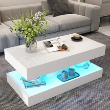 Modern White Marble Coffee Table High Gloss LED 2 Tiers Rectangle Tea Table 