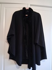 Marks & Spencer black cape one size knitted faux fur collar poncho hi lo