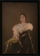 AUTOCHROME (6.5x9) Portrait of an Elegant Woman with Fan and White Fox
