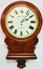 Antique English R. Crowe 8 Day Single Fusee Inlaid Mahogany Drop Dial Wall Clock