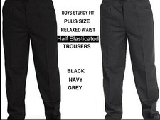 BOYS SCHOOL TROUSERS PLUS SIZE STURDY FIT BIG WAIST HALF ELASTICATED 2-17 YEARS