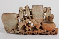 Antique Chinese brush holder brush washer carving monkey birds 19th-20th century