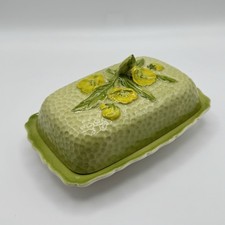 Vintage Carlton Ware Hand Painted Yellow Rose Leaf Embossed Ceramic Butter Dish
