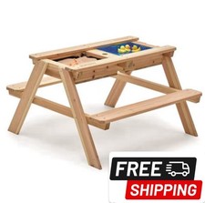 Children's Out Door  Wooden Picnic Table  Sand,water With Brown Benches.