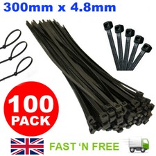 100 X BLACK CABLE TIES 300MM X 4.8MM NYLON PLASTIC HEAVY DUTY ZIP TIE WRAPS UK