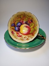 Aynsley Orchard Fruit Bone China Cabinet Tea Cup & Saucer Green Ground 1934-1950